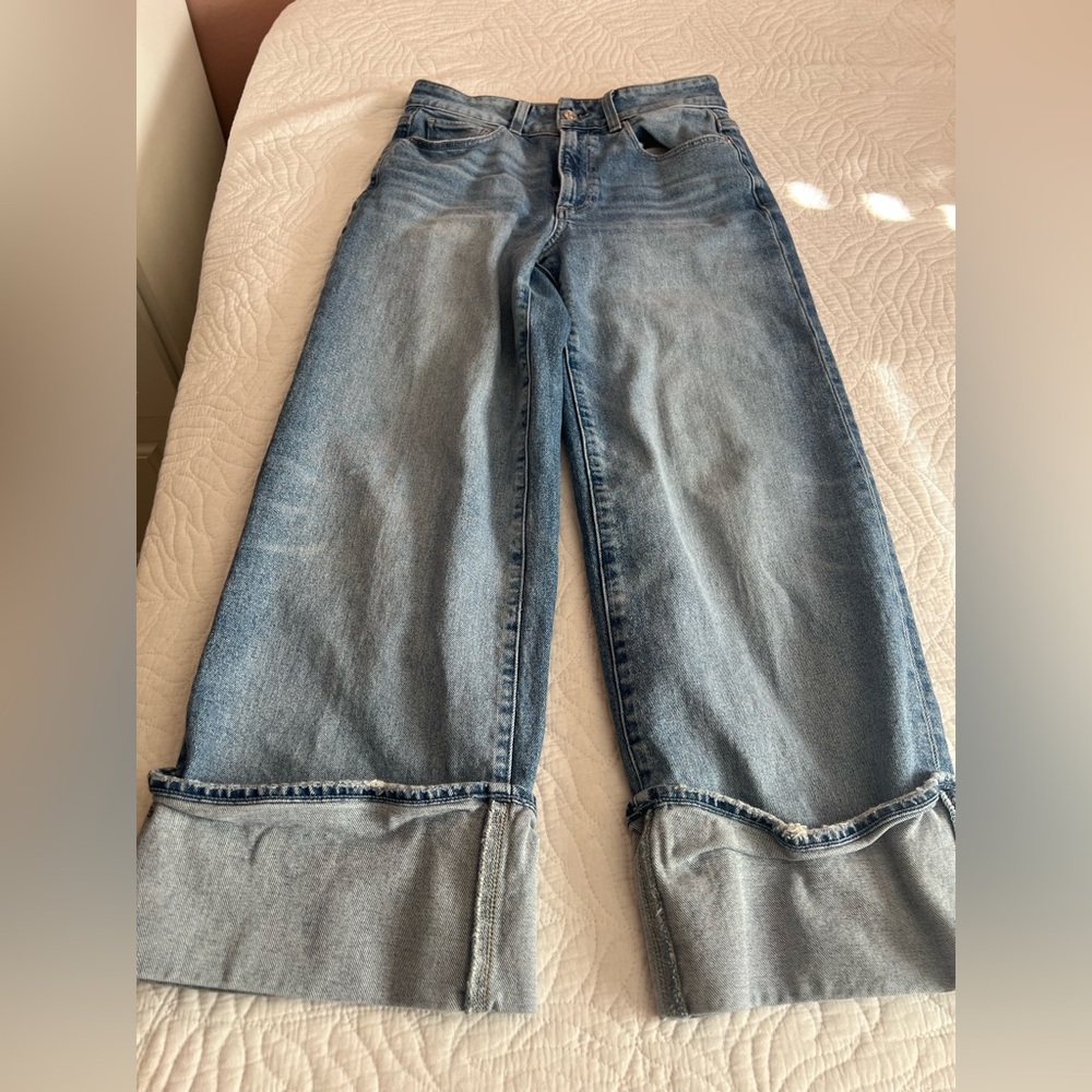 PAIGE Light Wash Wide-Leg Cuffed Jeans